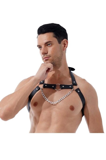 Men's Leather Chest Harness with Chain Detail - 1