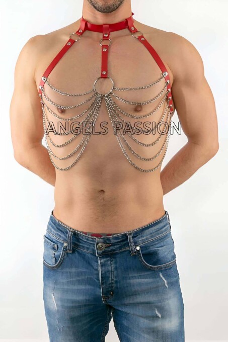 Men's Leather Chest Harness with Chain Detail - 1