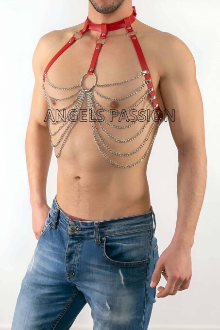 Men's Leather Chest Harness with Chain Detail - 3