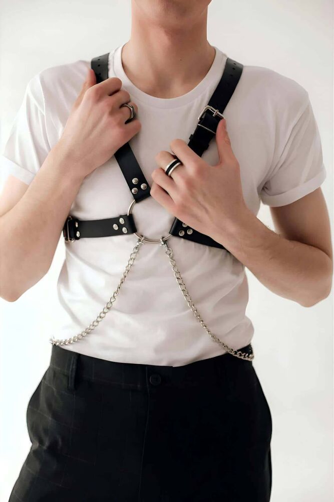 Men's Leather Chest Harness with Stylish Chain Detail - 2