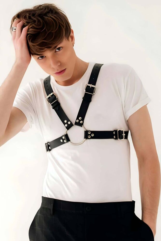 Men's Leather Chest Harness with Stylish Chain Detail - 3