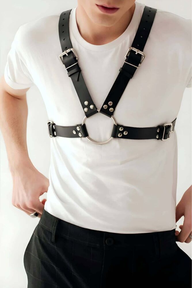 Men's Leather Chest Harness with Stylish Chain Detail - 5