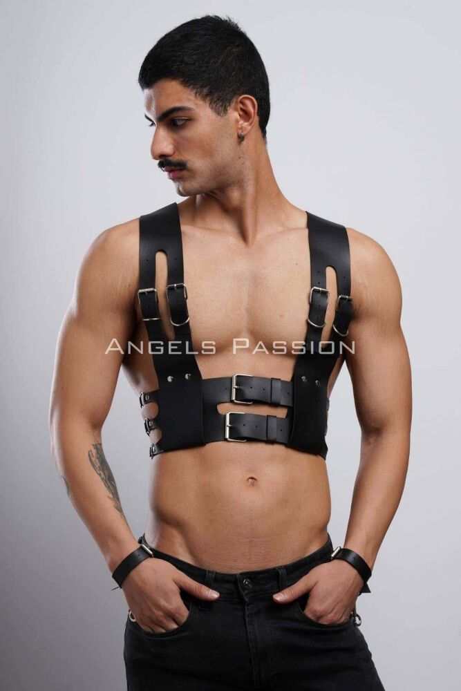 Men's Leather Club Wear with Cuffed Harness - 1