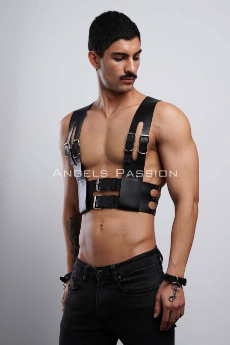 Men's Leather Club Wear with Cuffed Harness - 3