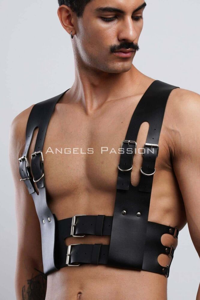 Men's Leather Club Wear with Cuffed Harness - 4