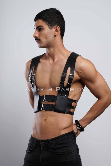 Men's Leather Club Wear with Cuffed Harness - 5