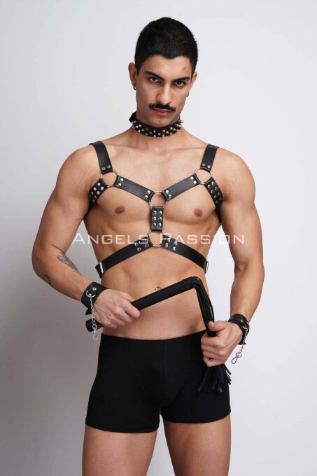 Men's Leather Harness Suit with Whip and Spiked Choker for Fancy Clothing - 1