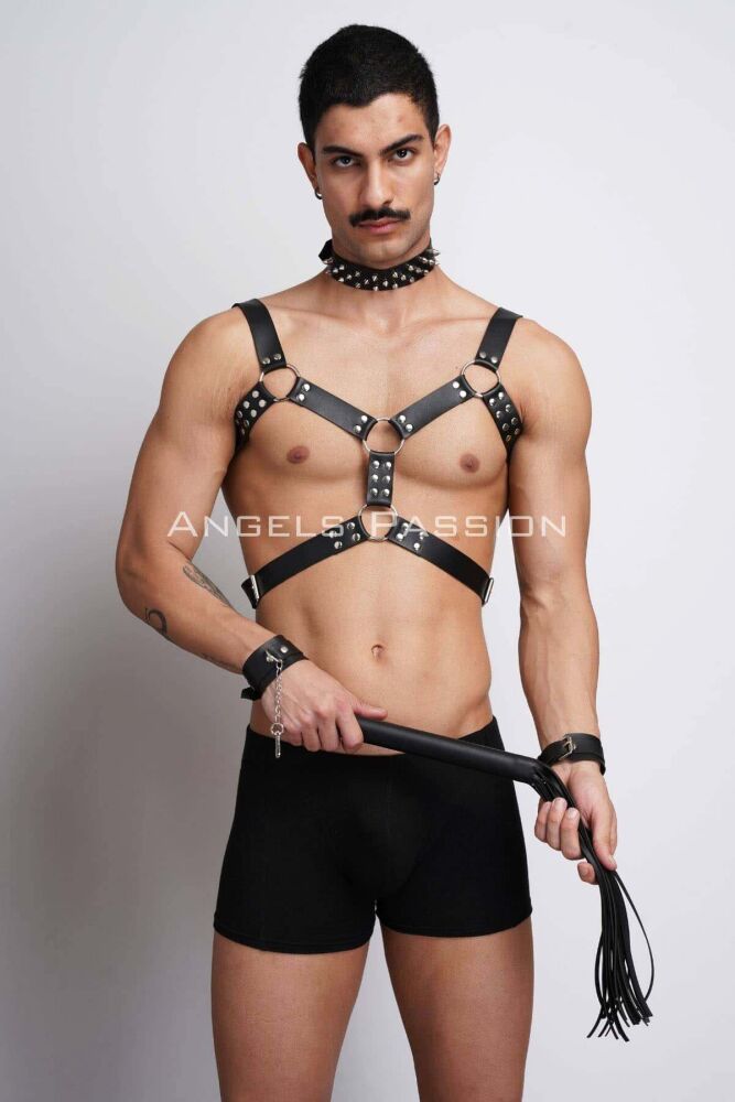 Men's Leather Harness Suit with Whip and Spiked Choker for Fancy Clothing - 2