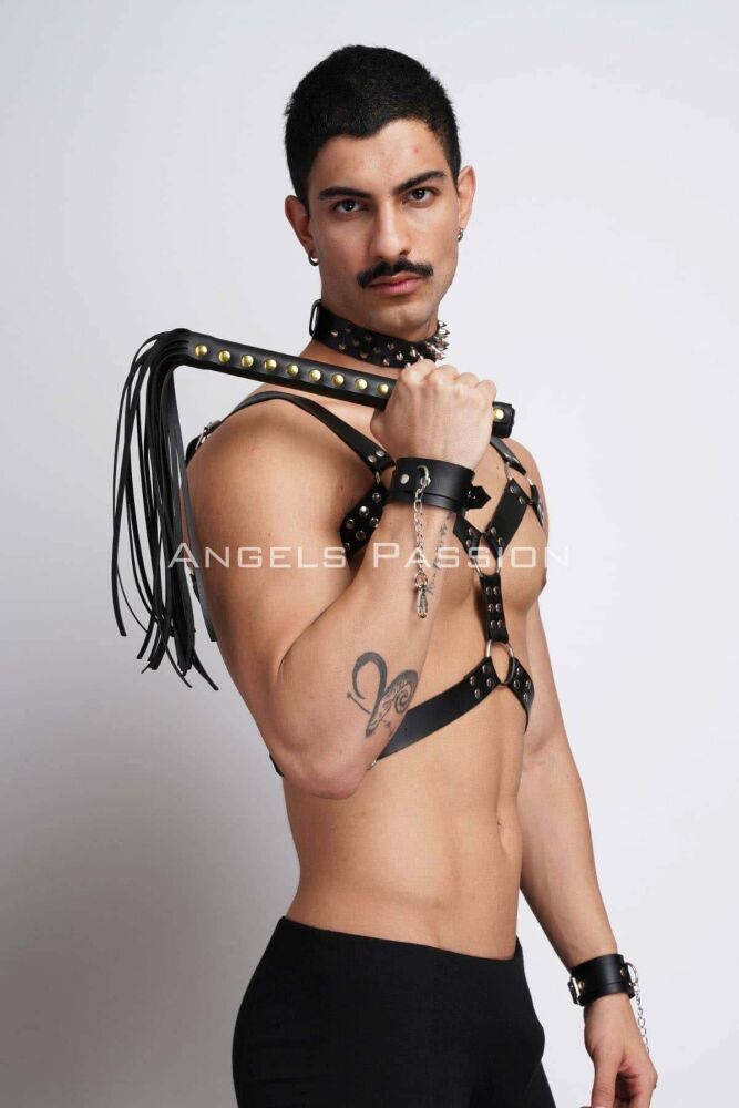 Men's Leather Harness Suit with Whip and Spiked Choker for Fancy Clothing - 3