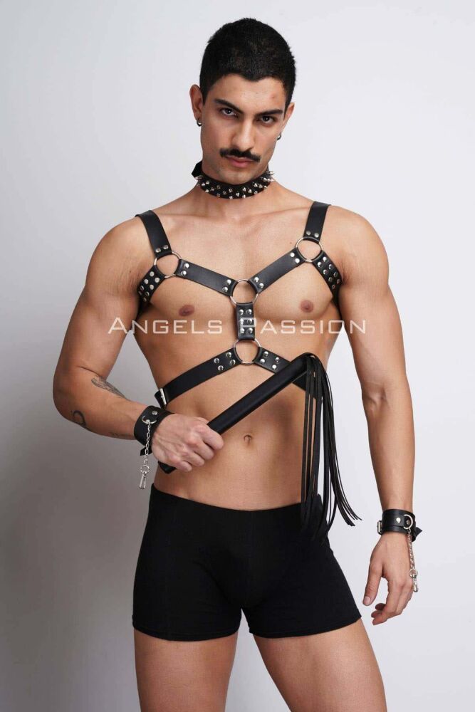 Men's Leather Harness Suit with Whip and Spiked Choker for Fancy Clothing - 4