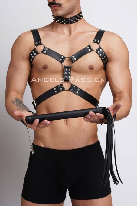 Men's Leather Harness Suit with Whip and Spiked Choker for Fancy Clothing - 5