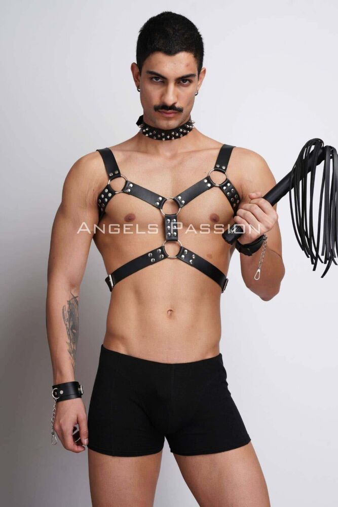 Men's Leather Harness Suit with Whip and Spiked Choker for Fancy Clothing - 6