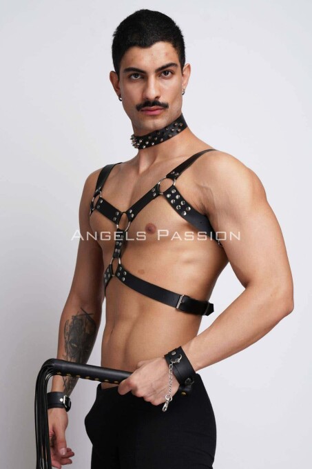 Men's Leather Harness Suit with Whip and Spiked Choker for Fancy Clothing - 7
