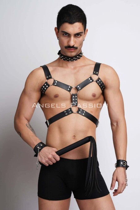 Men's Leather Harness Suit with Whip and Spiked Choker for Fancy Clothing - 8