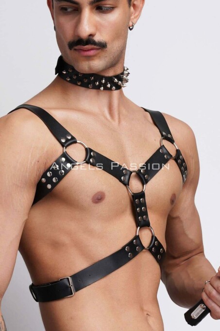 Men's Leather Harness Suit with Whip and Spiked Choker for Fancy Clothing - 9