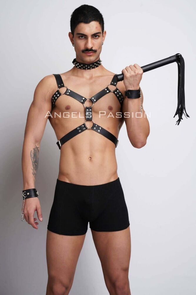 Men's Leather Harness Suit with Whip and Spiked Choker for Fancy Clothing - 10