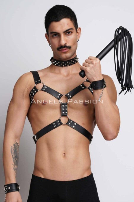 Men's Leather Harness Suit with Whip and Spiked Choker for Fancy Clothing - 11