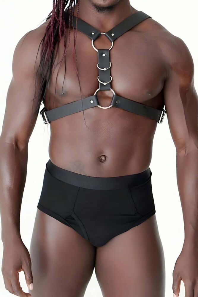 Men's Leather Harness with Chest and Ring Detail - 1