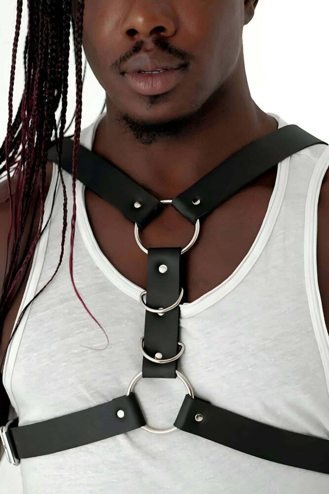 Men's Leather Harness with Chest and Ring Detail - 2