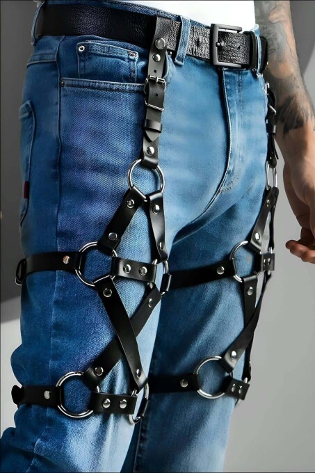 Men's Leather Leg Harness, Party Accessory for Jeans - 2