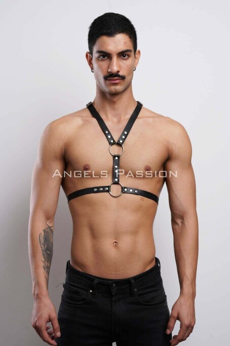 Men's Rivet Detailed Leather Chest Harness for Party Accessories - 1