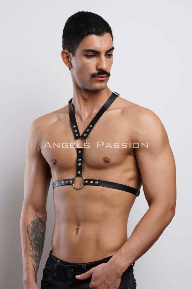 Men's Rivet Detailed Leather Chest Harness for Party Accessories - 2