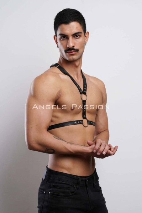 Men's Rivet Detailed Leather Chest Harness for Party Accessories - 4