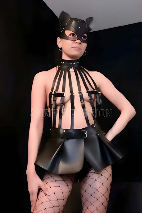 Mini Skirt and Body Harness Set with Cat Mask - 1