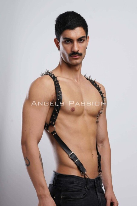 Nail Detailed Leather Men's Chest Harness - 1