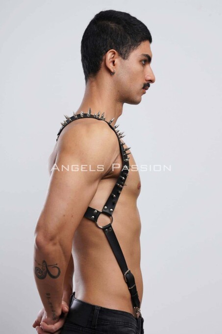 Nail Detailed Leather Men's Chest Harness - 3