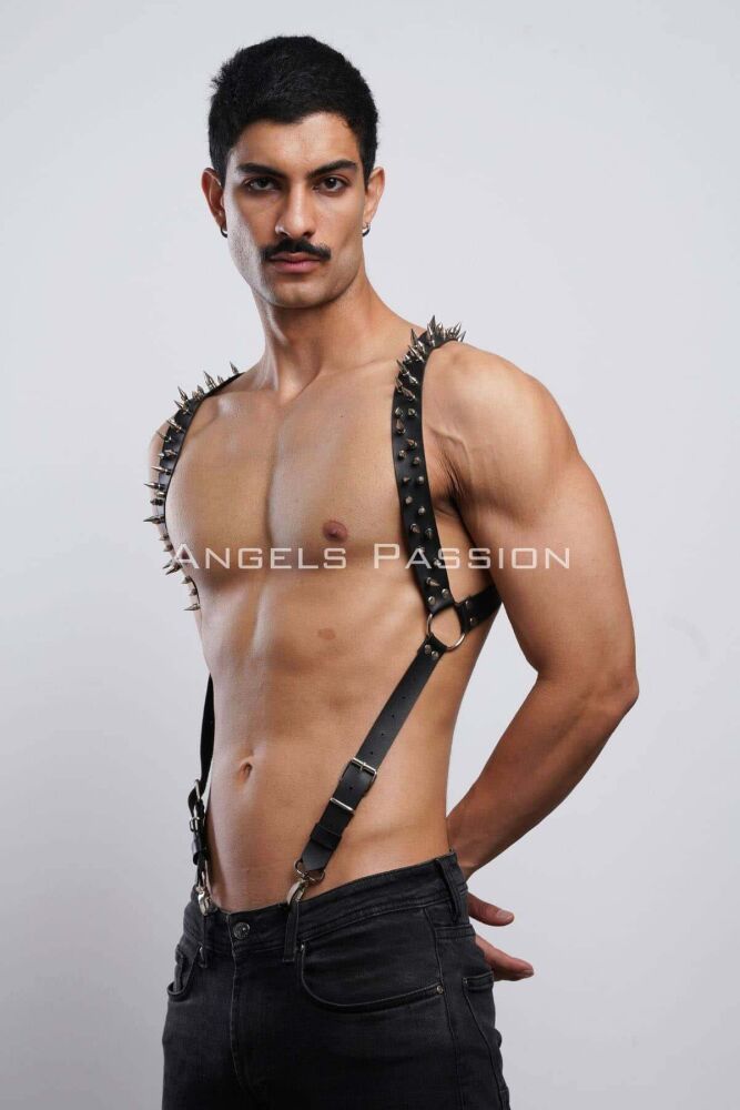 Nail Detailed Leather Men's Chest Harness - 4