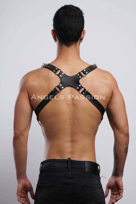 Nail Detailed Leather Men's Chest Harness - 6