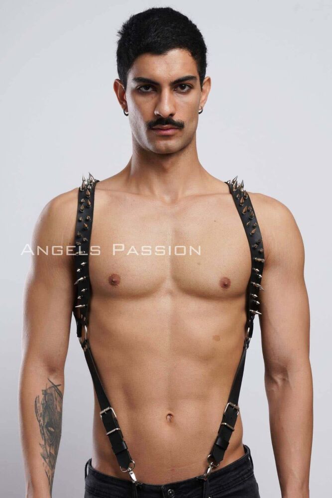 Nail Detailed Leather Men's Chest Harness - 7