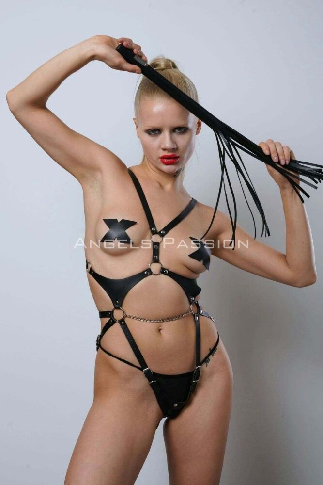 Open Crotch Leather Body Harness with Whip for Sexy Clubwear - 1