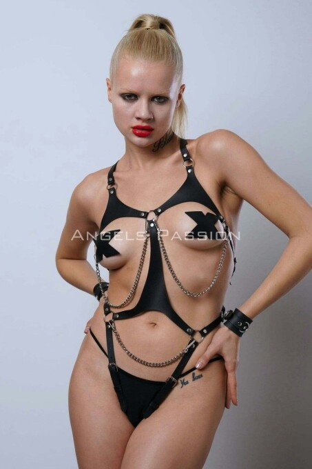 Open Crotch Leather Underwear with Cuffs for Fantasy Wear - 1