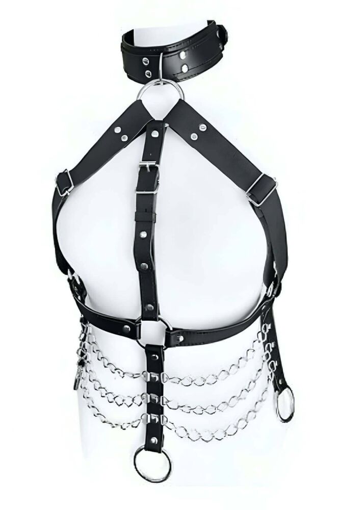 Plus Size Leather Chest Harness with Chain Detail - 4