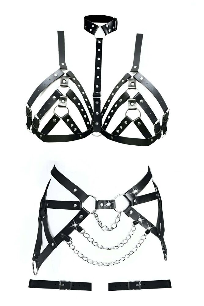 Plus Size Leather Fantasy Harness Bra Set - 2