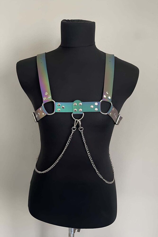 Rainbow Reflective (Glow in the Dark) Stylish Men's Chest Harness with Chain Detail, Reflective Clubwear - 2