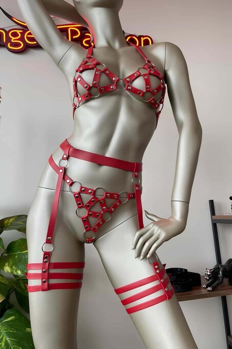 Red Leather BDSM Fantasy Garter Set - 1