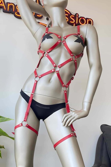 Red Leather Body Harness for Lingerie - 1