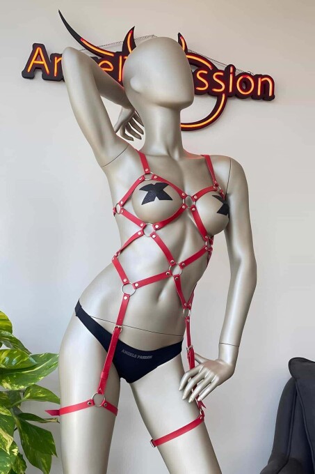 Red Leather Body Harness for Lingerie - 3