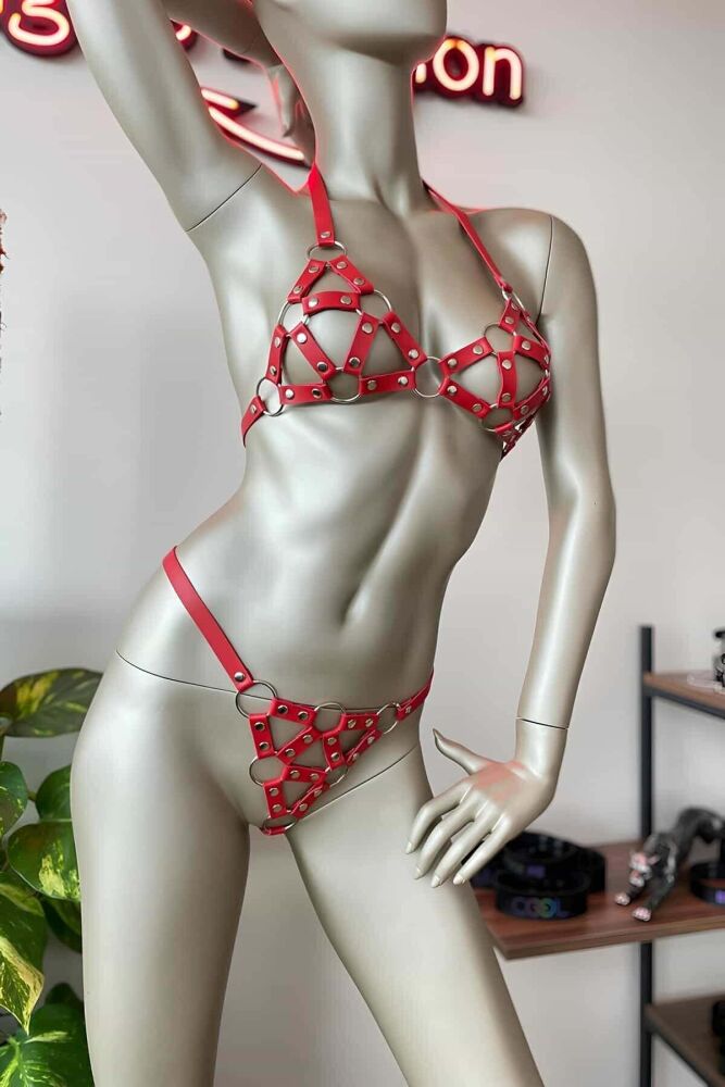 Red Leather Bra and Underwear Set - 1