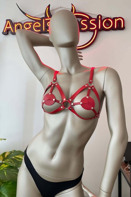 Red Leather Bra Harness for Lingerie - 4