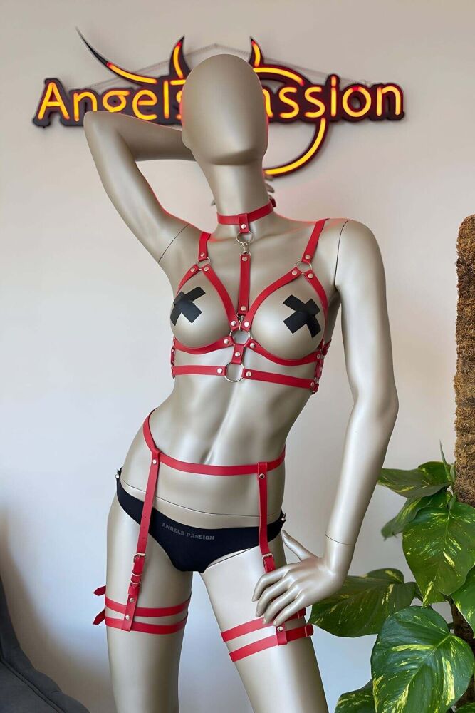 Red Leather Chest Harness with Garter Harness Set - 4