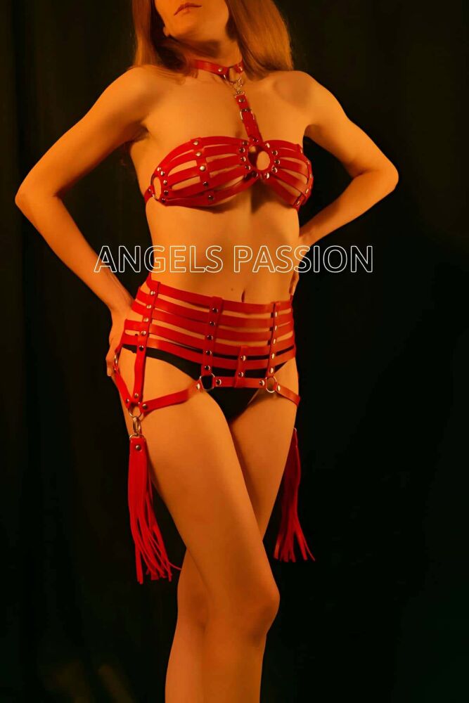 Red Leather Corset Bra Harness with Tassels - 4