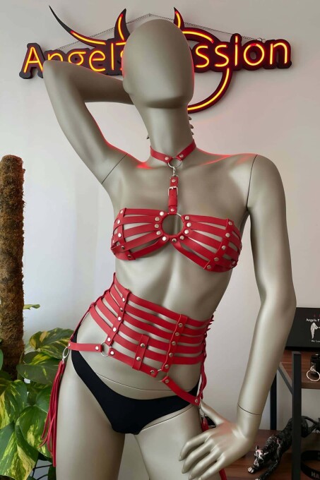 Red Leather Corset Bra Harness with Tassels - 6