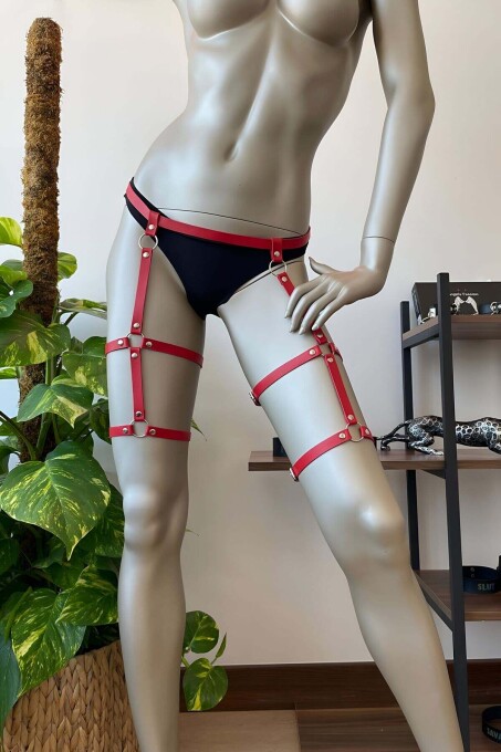 Red Leather Garter Body Harness - 1