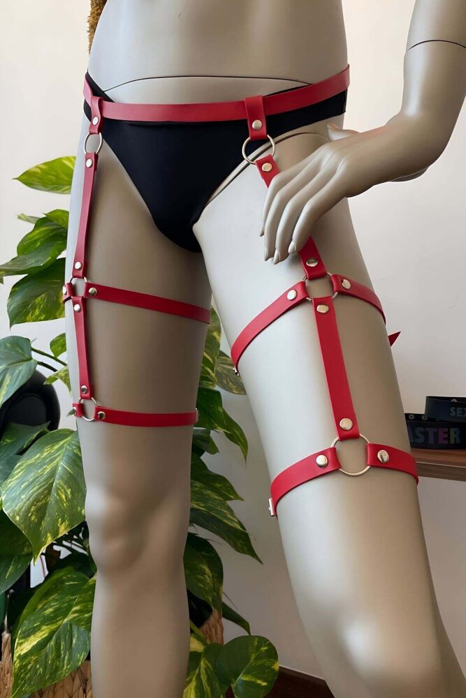 Red Leather Garter Body Harness - 2