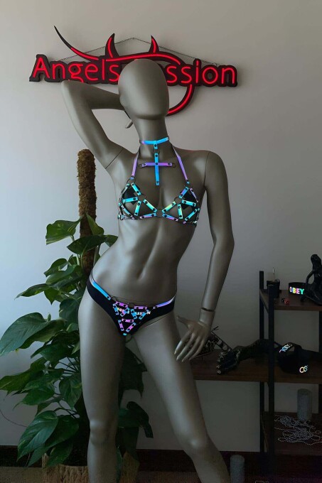 Reflective Harness Bra Set with Glow in the Dark Collar - 5