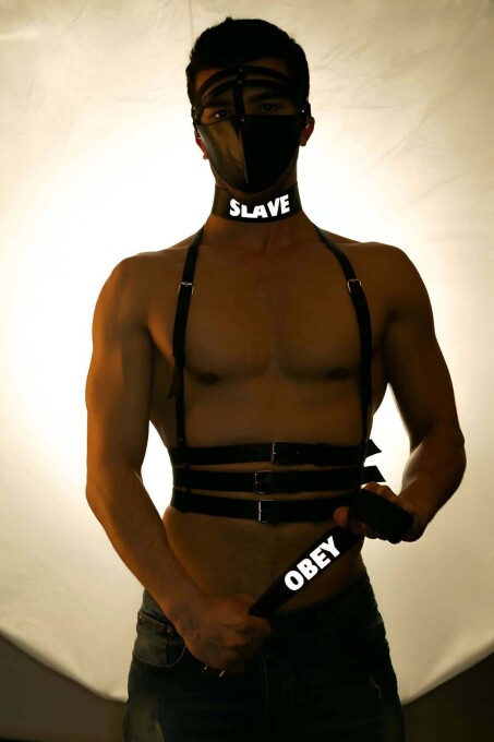 Reflective Leather Choker with SLAVE and OBEY - 1